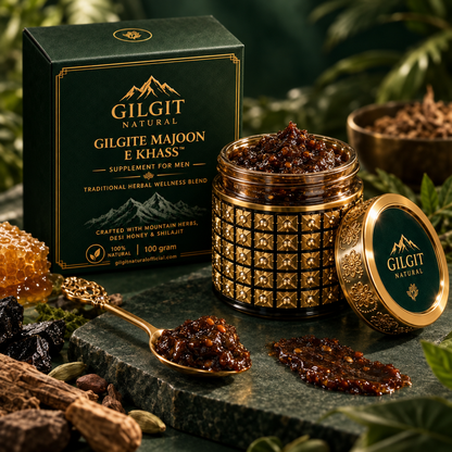 Close-up of Gilgite Majoon E Khass premium gold and green herbal wellness jar
