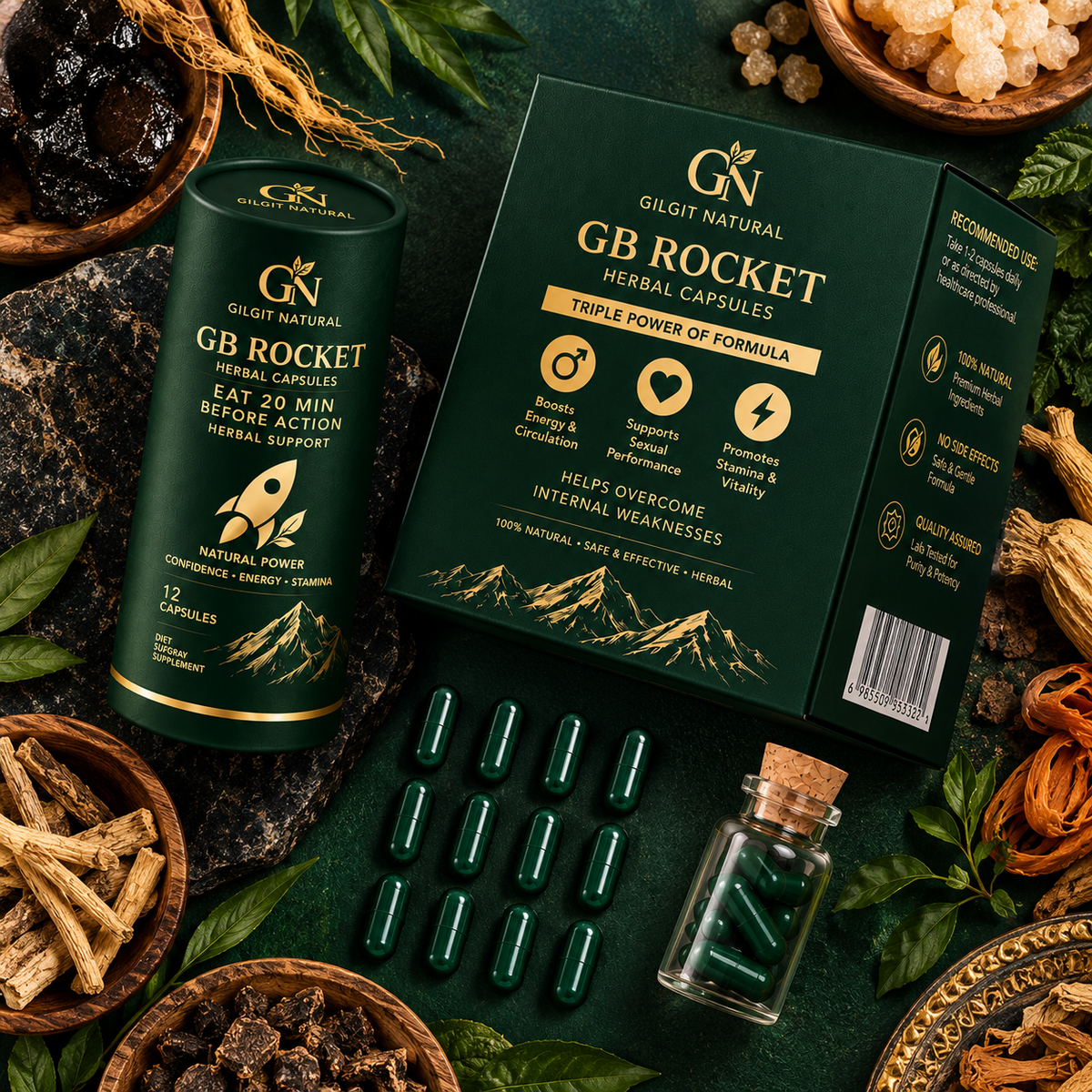 GB Rocket 12 herbal capsules by Gilgit Naturals with premium herbal ingredients