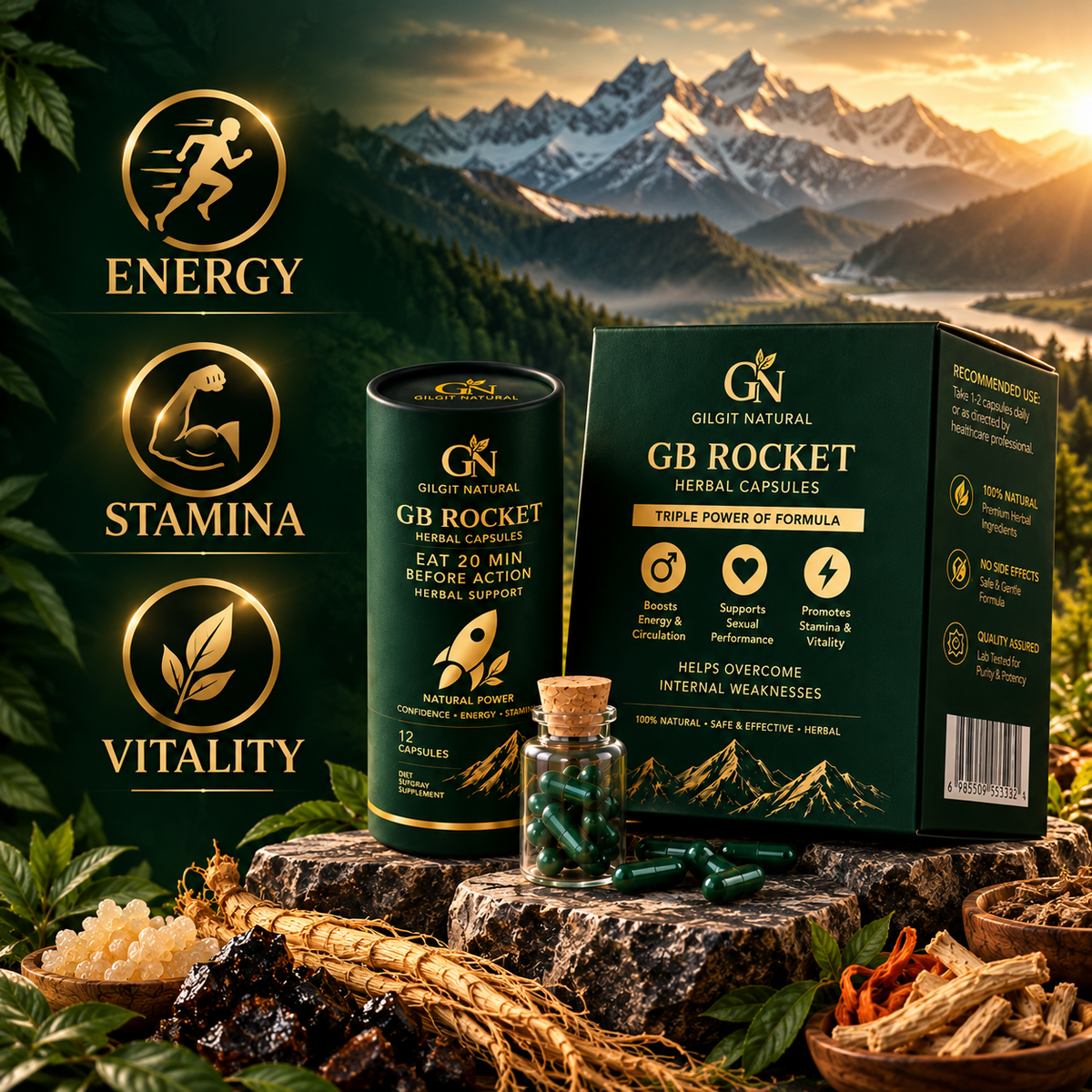 GB Rocket herbal capsules by Gilgit Naturals with energy, stamina and vitality wellness icons