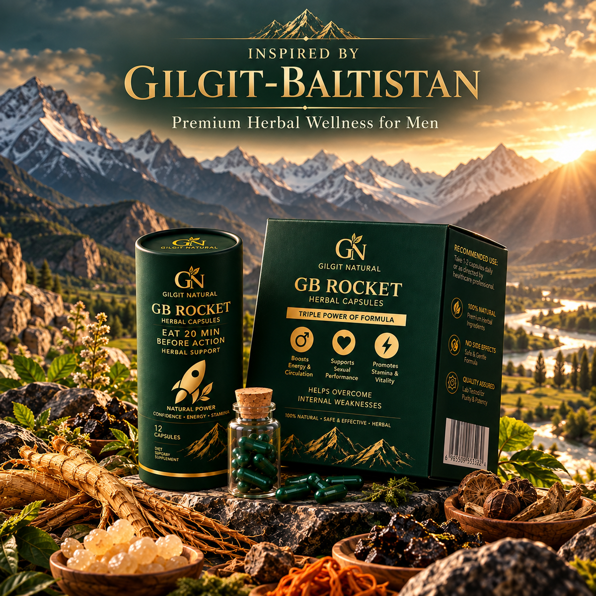GB Rocket herbal wellness capsules for men by Gilgit Naturals with Gilgit-Baltistan mountain landscape