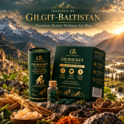 GB Rocket herbal wellness capsules for men by Gilgit Naturals with Gilgit-Baltistan mountain landscape