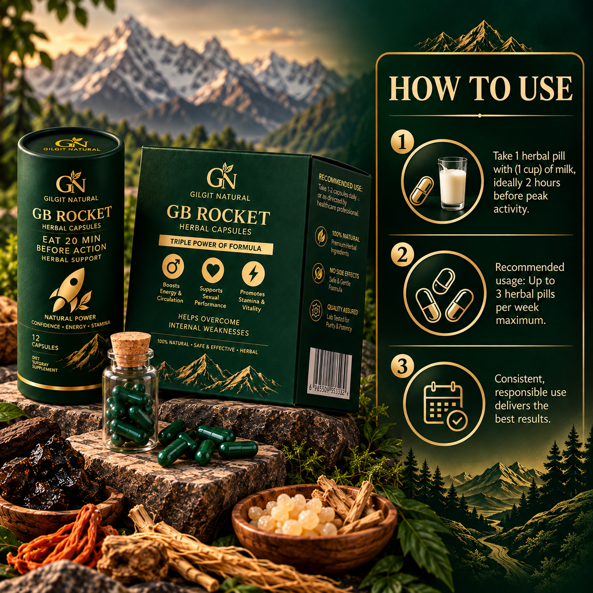 GB Rocket herbal capsules by Gilgit Naturals with how to use instructions and recommended usage