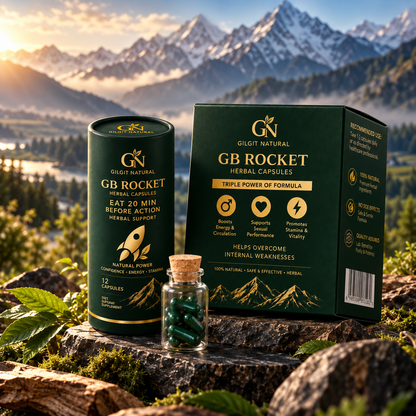 GB Rocket premium herbal capsules by Gilgit Naturals displayed with capsules in a Gilgit-Baltistan mountain setting