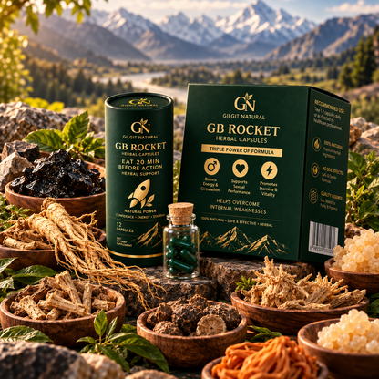 GB Rocket herbal capsules by Gilgit Naturals displayed with traditional herbal ingredients and mountain landscape