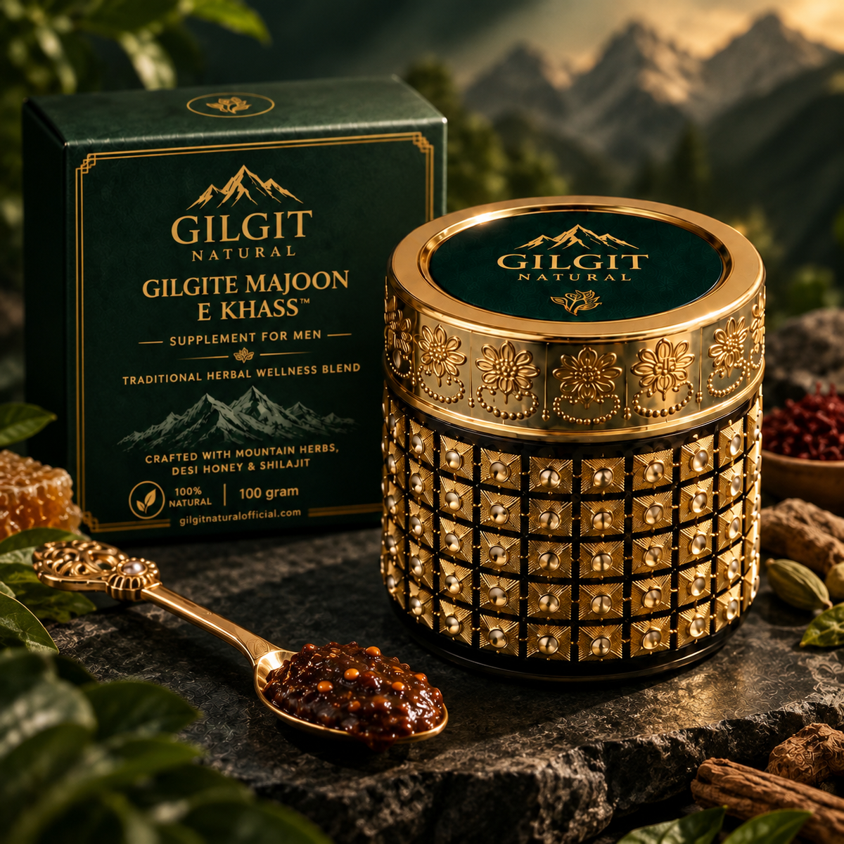 Gilgite Majoon E Khass green and gold product box with premium jar packaging