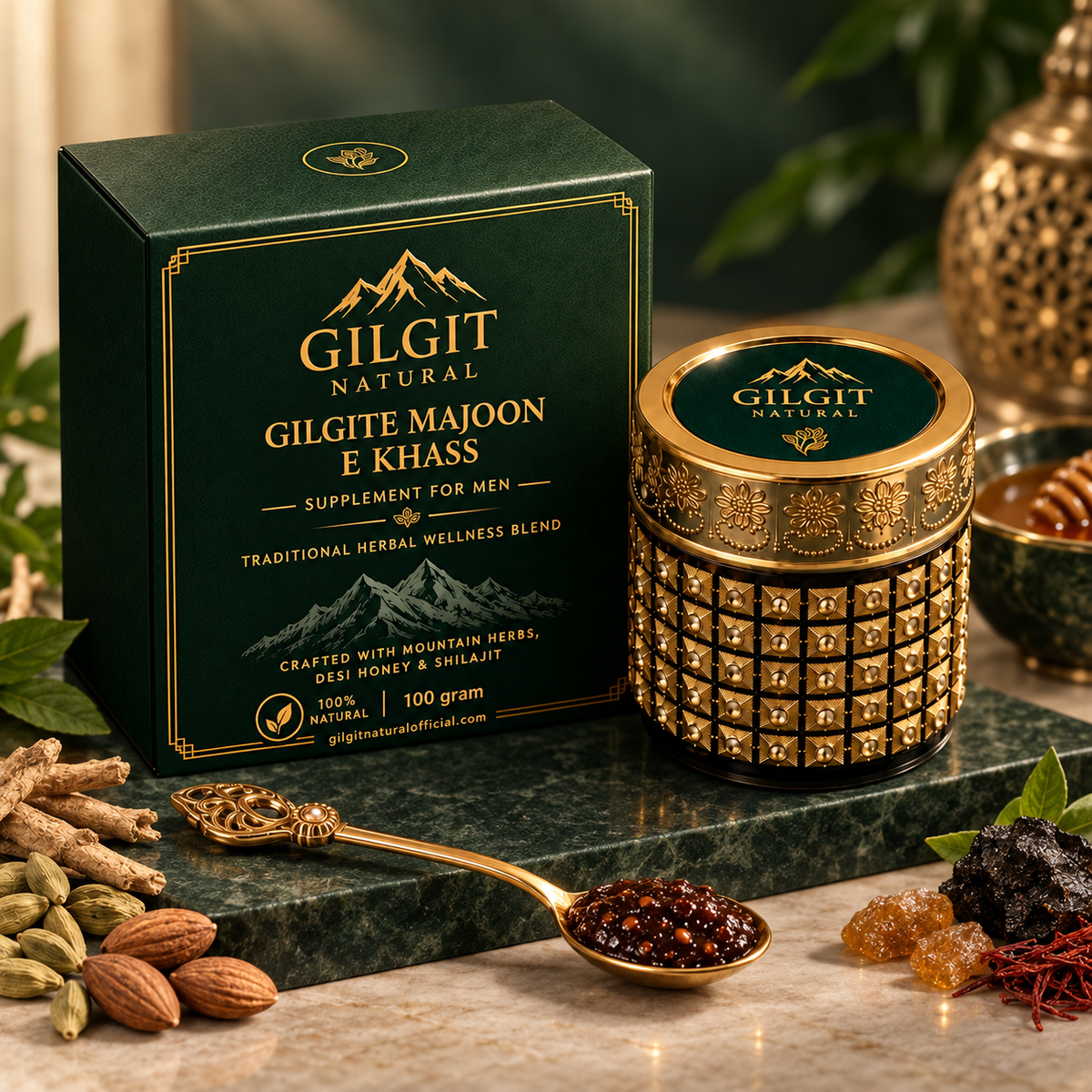 Gilgite Majoon E Khass herbal paste shown in an open jar with a gold serving spoon