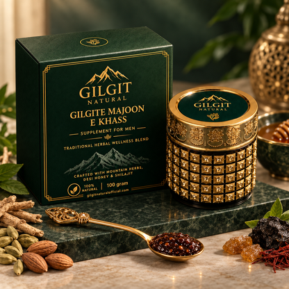 Gilgite Majoon E Khass herbal paste shown in an open jar with a gold serving spoon