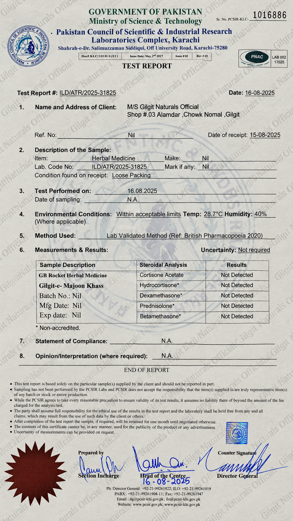 PCSIR test report for Gilgit Naturals products