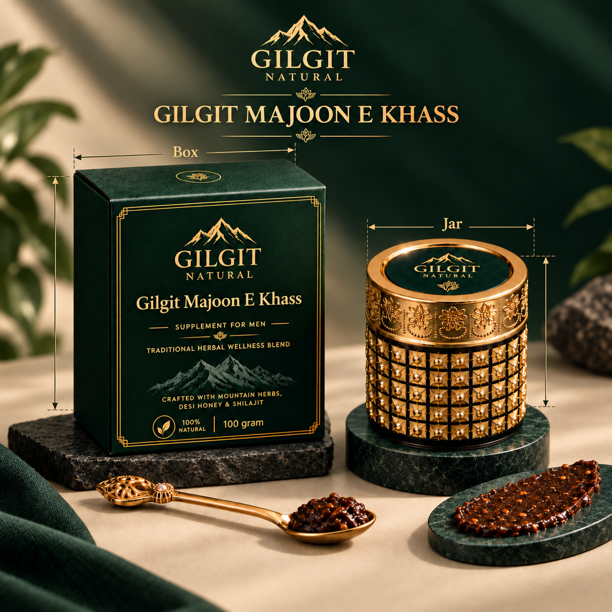 Gilgite Majoon E Khass box and jar size comparison with herbal paste and serving spoon