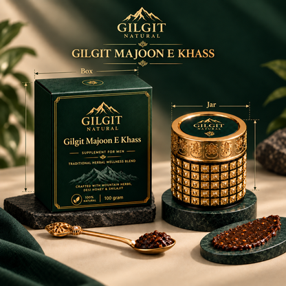 Gilgite Majoon E Khass box and jar size comparison with herbal paste and serving spoon