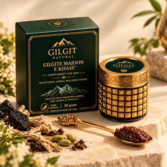 Gilgite Majoon E Khass premium herbal wellness product with jar, box and serving spoon